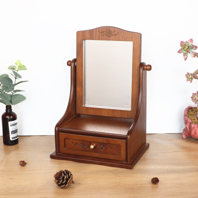 Desk Setup Vintage - Wooden Desktop Makeup Mirror Storage Organizer
