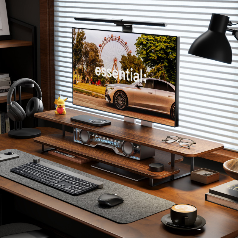 Walnut Finish Monitor Stand Ri - Desk Setup With Laptop And Monitor 评论和价格